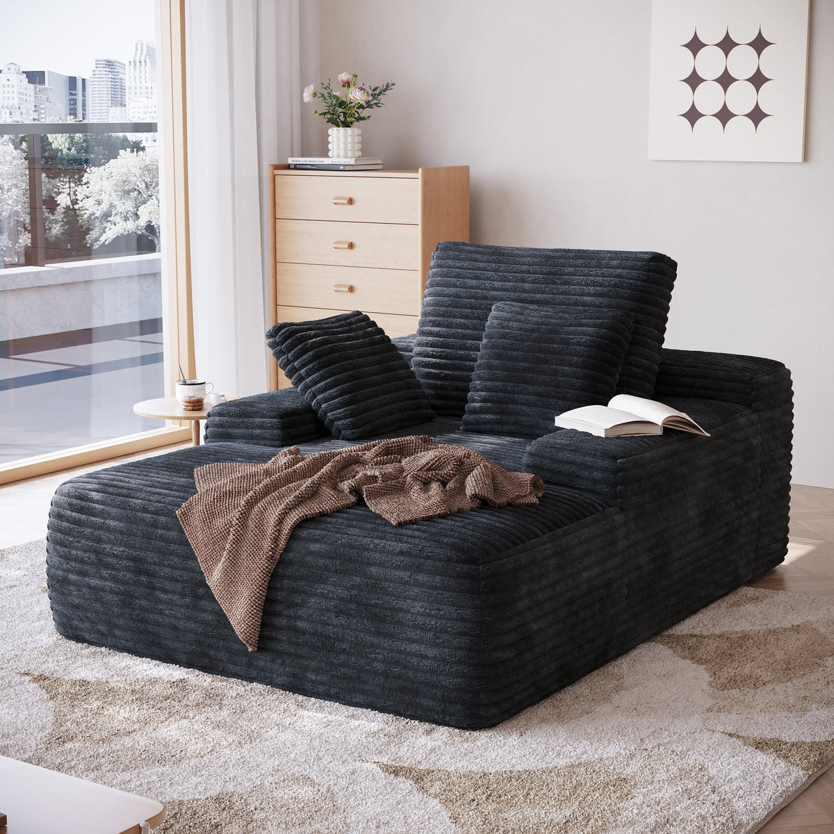 Sodrens Oversized Chaise Lounge Chair Indoor,Upholstered Sofa Bed with Throw Pillows and Armrests,Sleeper Chair for Living Room,Bedroom,Brown,Corduroy