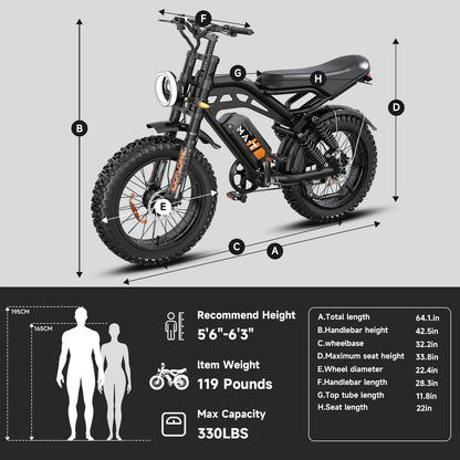 MA-L 1500W Peak Electric Bike for Adults, 48V 15Ah Battery, 20" x 4" Snow Fat Tire, Full Suspension, Shimano 7-Speed, E-Mountain Bike, UL2849