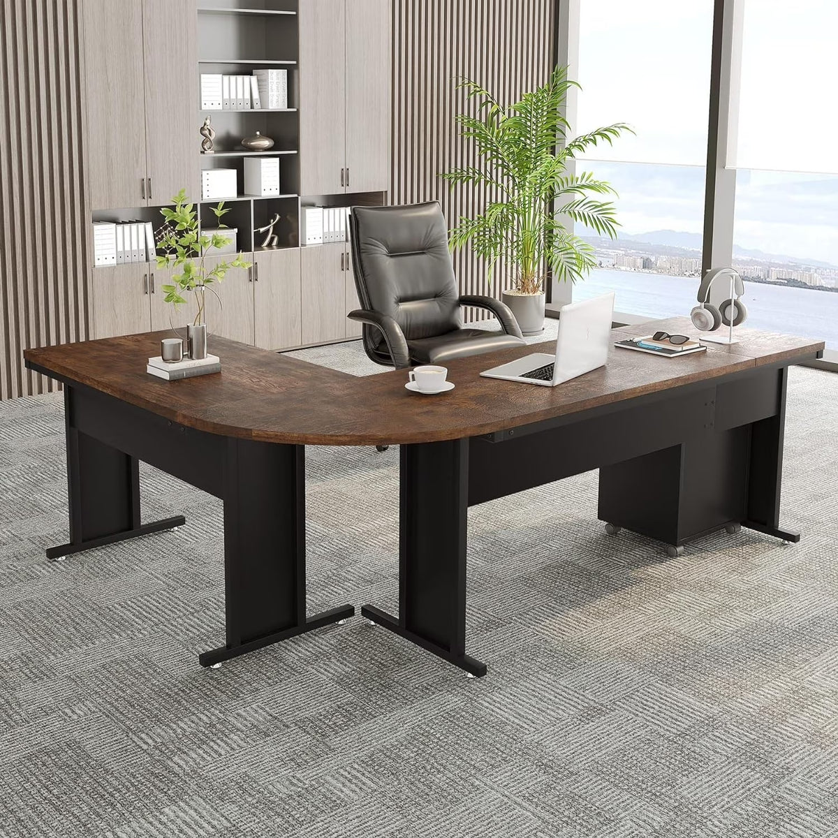 83" L-Shaped Executive Desk, Large L Office Desk with 3-Drawer Mobile File Cabinet, Business Furniture Desk Workstation Brown