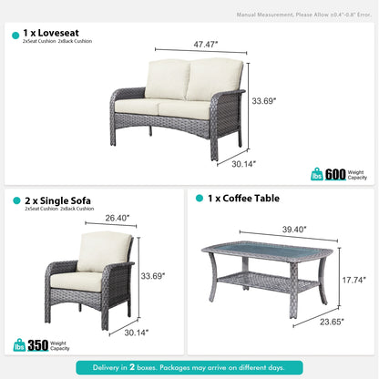 Vcatnet 4 Pieces Outdoor Patio Furniture All-weather Wicker Conversation Set with Coffee Table for Garden,Poolside,Gray