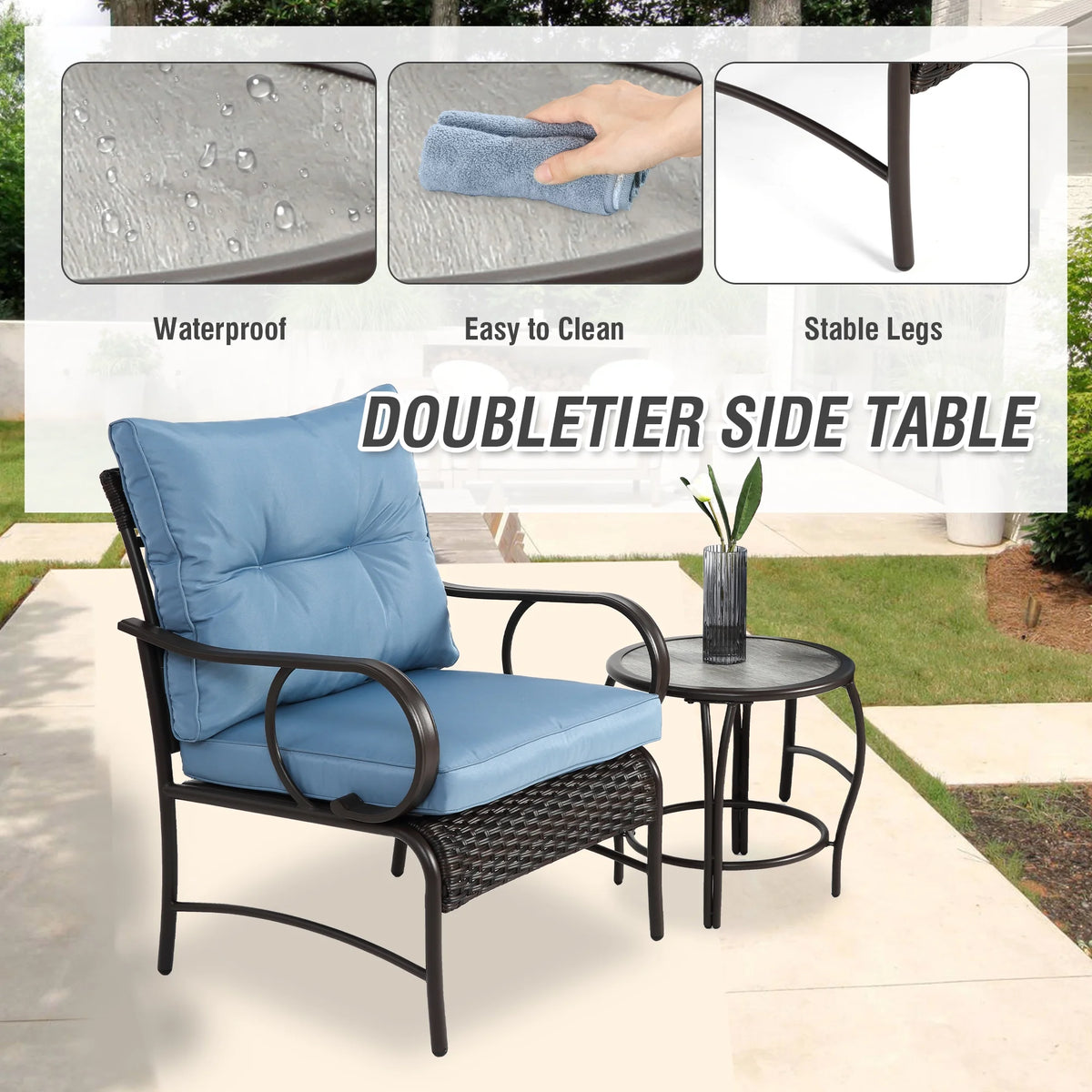 Villeston 3 Piece Outdoor Wicker Conversation Patio Set, with 2 Chairs, Table for Porch Garden,Blue