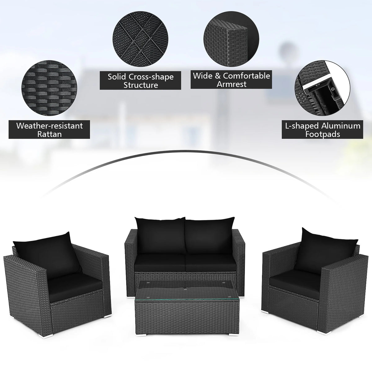 Costway 4PCS Patio Rattan Furniture Set Cushioned Sofa Chair Coffee Table Black