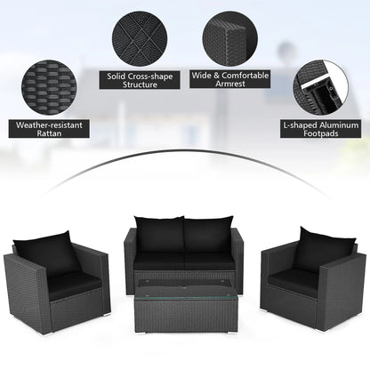Costway 4PCS Patio Rattan Furniture Set Cushioned Sofa Chair Coffee Table Black