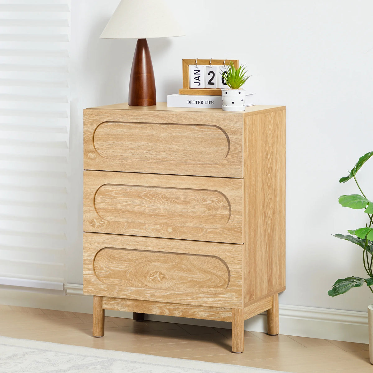 MIYZEAL Modern Wood Chest of 3 Drawers Bedroom Dresser, Wide Storage Cabinet & Contemporary Nightstand for Adults Walnut Finish Bedside Furniture