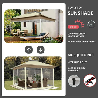 COBIZI 12x12 Outdoor Gazebo Pop Up Gazebo Canopy with Mosquito Netting Patio Tent Backyard Canopy with 2-Tiered Vented Top 3 Adjustable Height, Beige