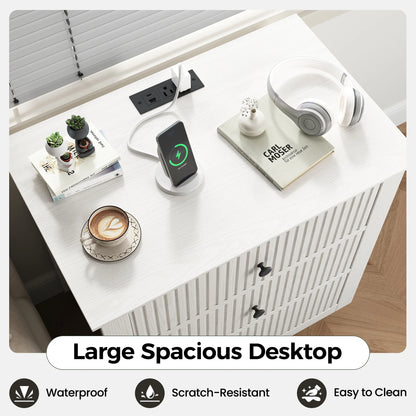 IDEALSOUL Nightstand Set of 2, 24" Wide End Table with Storage, Fluted Nightstand with USB Charging Station, Large 3 Drawers nightstand for Bedroom Living Room(2pc, White)