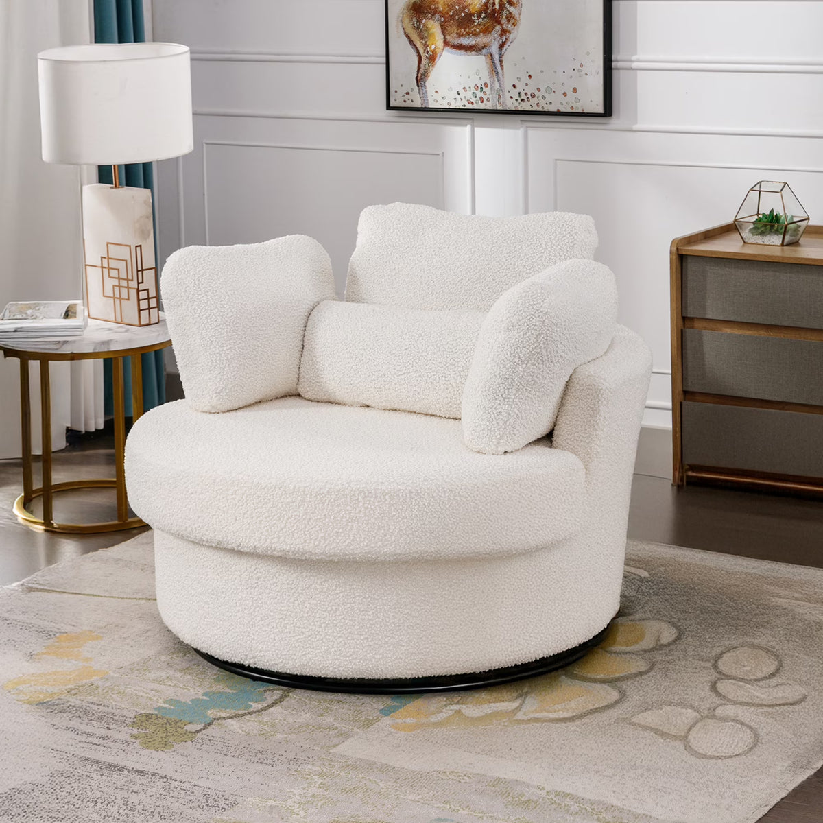 Dinosisco Oversized Swivel Barrel Accent Chair, Teddy Adult Comfy Reading Armchair, Ivory