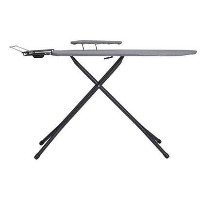 Household Essentials Wide Mega Ironing Board 4-Leg, Steel Top Pressing Station, Heat-Resistant Fiber Pad and Cotton Cover, Includes Sleeve Board and Iron Rest with Hanger Bar, Silver Frame