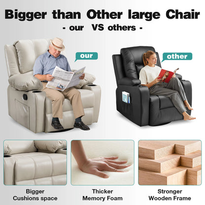 JONPONY Manual Recliner Chair with Heat Therapy and Massage Function, Heavy Duty Reclining Mechanism Massage Chair, Elderly Single Rocker Sofa with Cup Holders for Bedroom Home Theater,Black