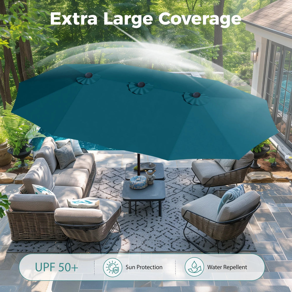 Alpha Joy 15ft Outdoor Patio Umbrella Extra-Large Double-Sided Garden Umbrella with Crank Handle and Base - Smoky Gray