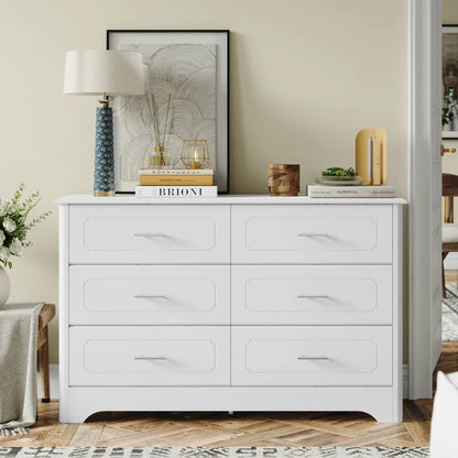 Homfa Double Dresser with 6 Drawer, White Horizontal Dresser Chest for Bedroom
