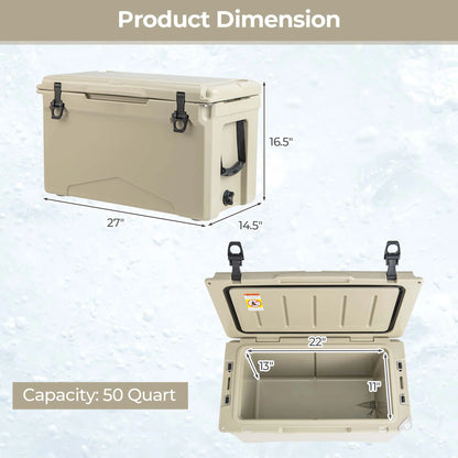 Costway 50 QT Rotomolded Cooler Portable Ice Chest Ice Retention for 5-7 Days Tan