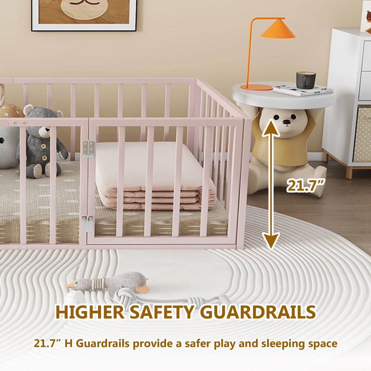 Bellemave Full Size Bed Frame, Full Montessori Bed with Safety Guardrails and Detachable Fence, Wood Full Daybed Frame, Low Profile & Rounded Corners Design, Natural