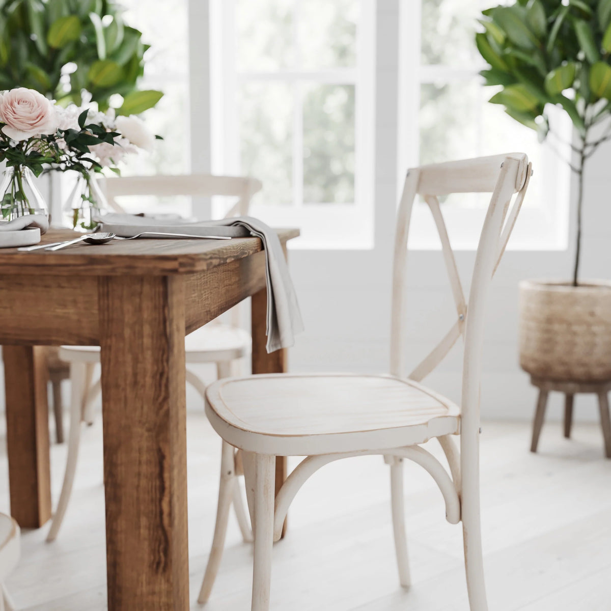 Merrick Lane X-Back Bistro Style Wooden High Back Dining Chair in Lime Wash, Wood