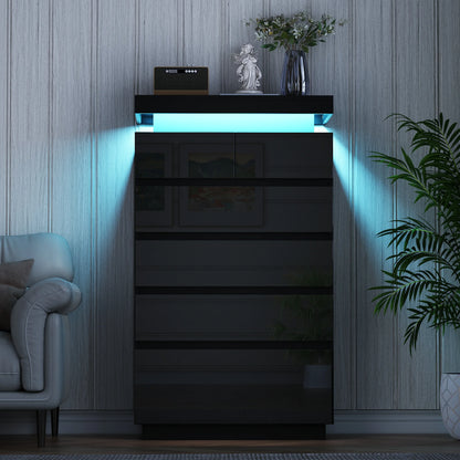 NEGYLIM 6 Drawer White Dresser, High Gloss Dresser with LED Light for Bedroom, Living Room, Hallway, Easy Assembly
