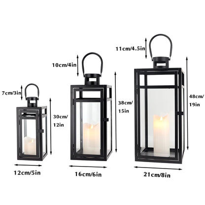 Stainless Steel Lantern Set of 3 12/15/19" Metal Lanterns with Tempered Glass for Parties & Events (Silver )