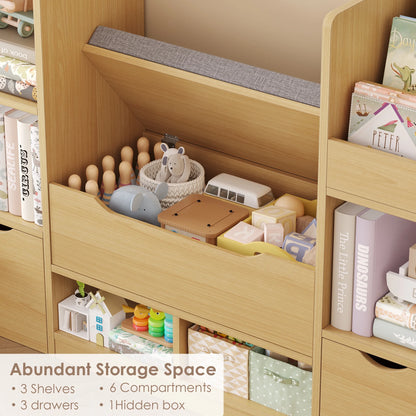 Hiphuta 72"Wide Kids Bookcase with Reading Nook and Under Bench Storage, Wooden Toy Storage Organizer & Book Rack for Kids Room, White