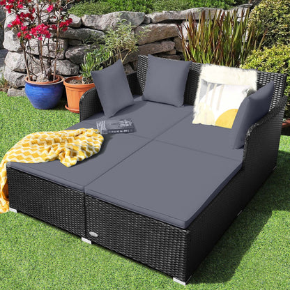 Costway Outdoor Patio Rattan Daybed Pillows Cushioned Sofa Furniture Beige
