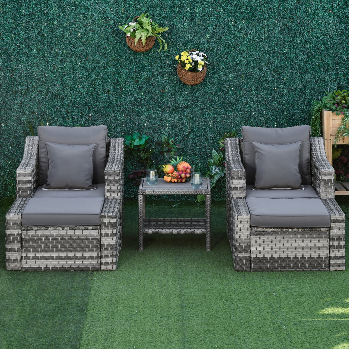 Outsunny 5 Piece Patio Furniture Set, All Weather PE Rattan Conversation Chair & Ottoman Set w/ Table, Cushions & Pillows Included, Beige
