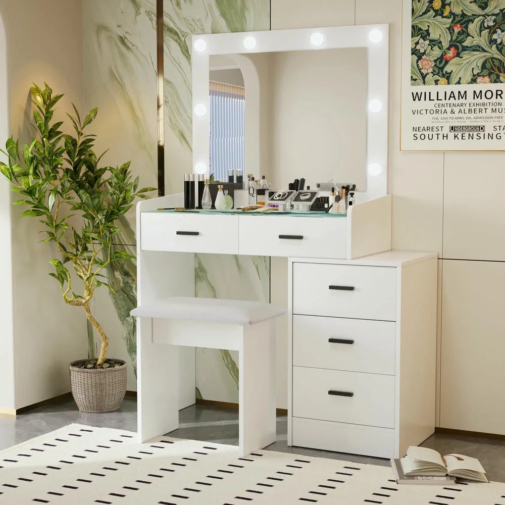 Kadyn Vanity Desk with Lighted Mirror, Vanity Table and Chair Set with 2 Drawers, Dressing Table Makeup Desk with 1 Door, Retro Gray