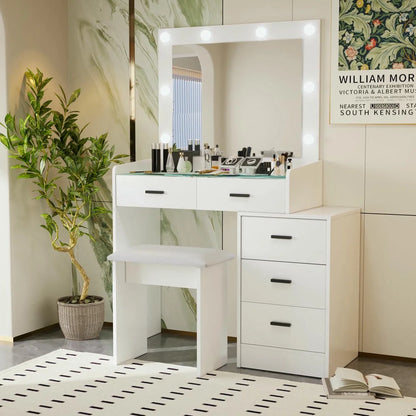 Kadyn Vanity Desk with Lighted Mirror, Vanity Table and Chair Set with 2 Drawers, Dressing Table Makeup Desk with 1 Door, Retro Gray