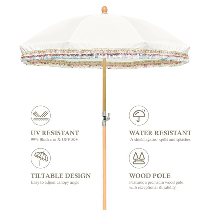 LAGarden 6 Ft Fringe Patio Umbrella with Tassel Jazz Age Wood UPF50+ for Outdoor, Beige with gold tassel,Model: JZ6-01