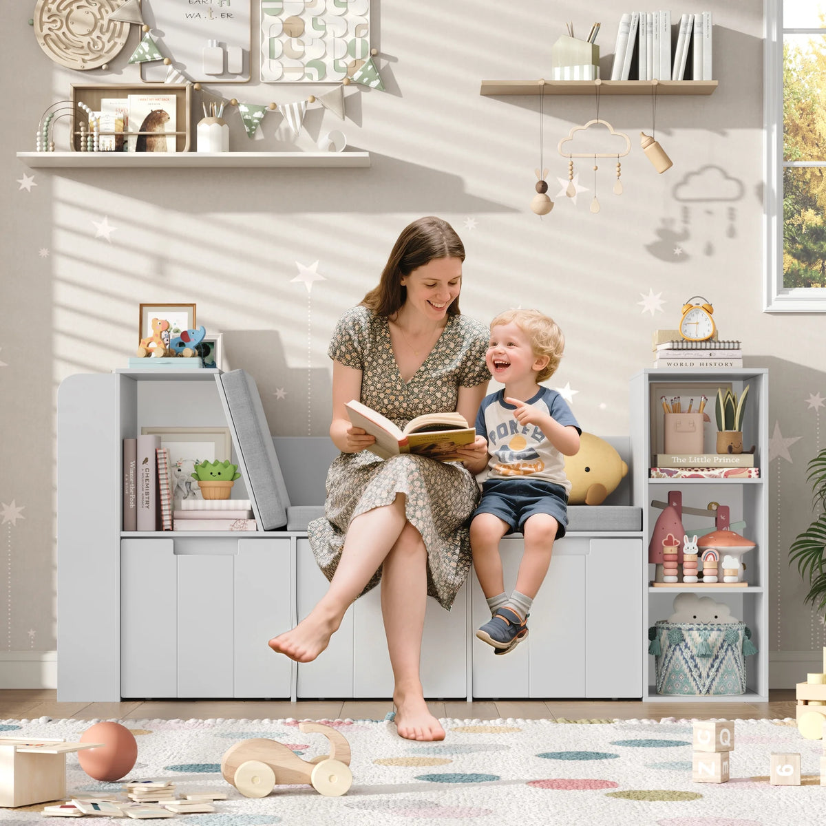 Homfa 4-in-1 Kids Toy Storage Cabinet, Bookshelf with 3 Drawers, Sturdy Toy Organizer with Reading Nook for Kids Room Playroom, Gray
