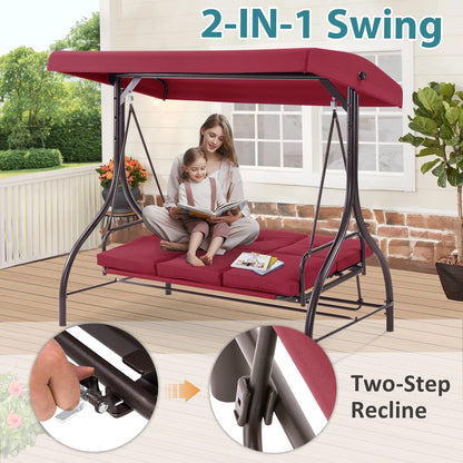 MCombo 3-Seat Outdoor Patio Swing Chair Cushioned with Adjustable Backrest and Canopy, Pillow, Brown