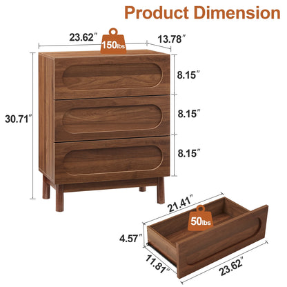 MIYZEAL Modern Wood Chest of 3 Drawers Bedroom Dresser, Wide Storage Cabinet & Contemporary Nightstand for Adults Walnut Finish Bedside Furniture