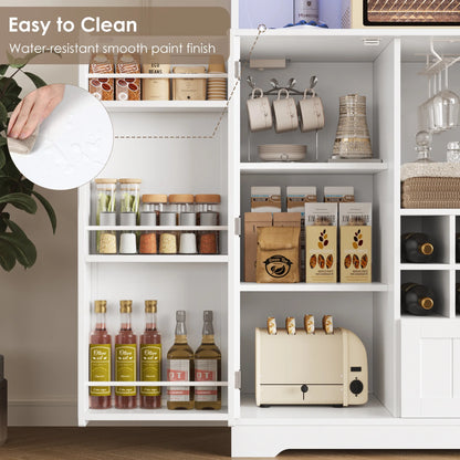 Homfa 71.3'' Kitchen Pantry Storage Cabinet with Charging Station, LED Light Kitchen Hutch Cabinet with Doors and Shelves and Wine Holder, White