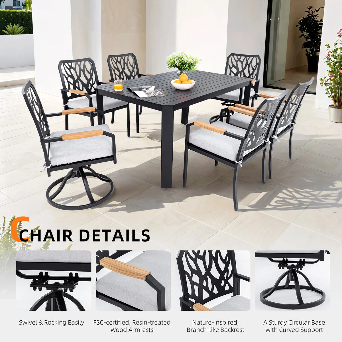 Outdoor Patio K/D Aluminum Stationary Dining Chairs 2PCS with Outdoor-grade Sunbrella Fabric Cushions, Branch-Like Backrest ,FSC-Certified Wood Armrests, Bourbon Brown
