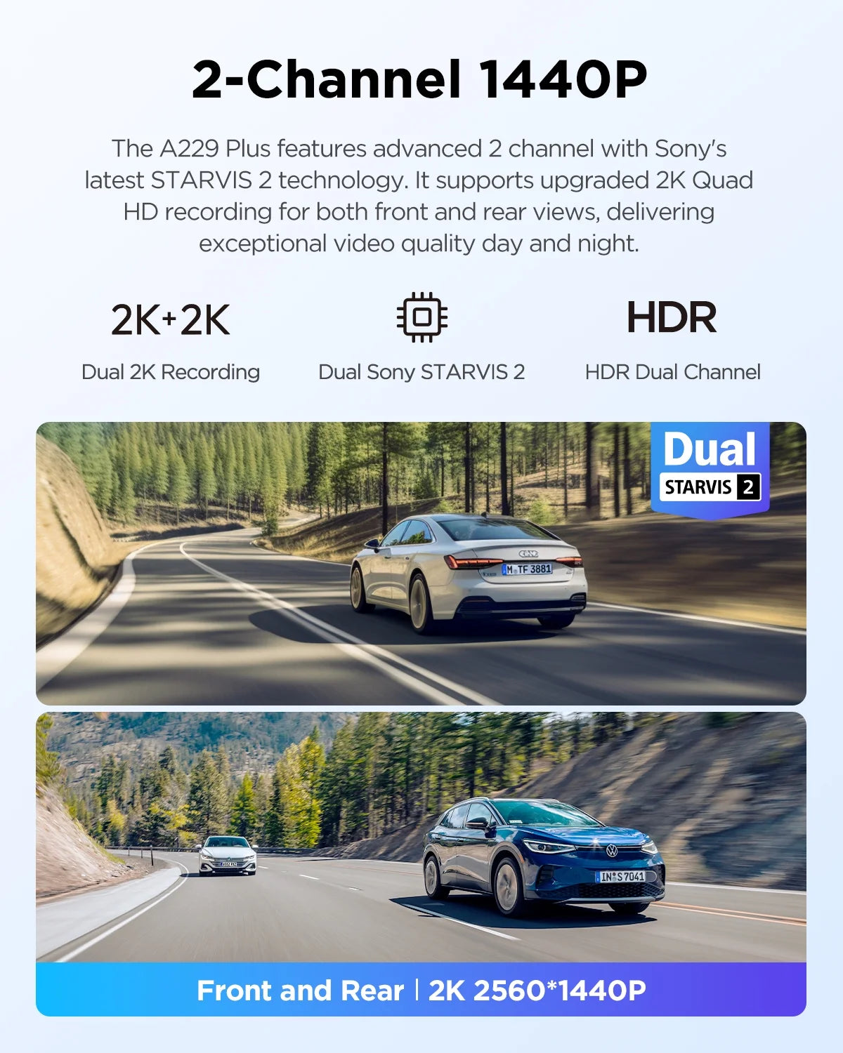 VIOFO A229 Plus Dash Cam with Dual STARVIS 2 Sensors, 2 Channel HDR, 1440P+1440P Front and Rear, Voice Control Car Dash Camera, 5GHz Wi-Fi, Ultra-Precise GPS, 24 Hours Parking Mode, Support 512GB Max