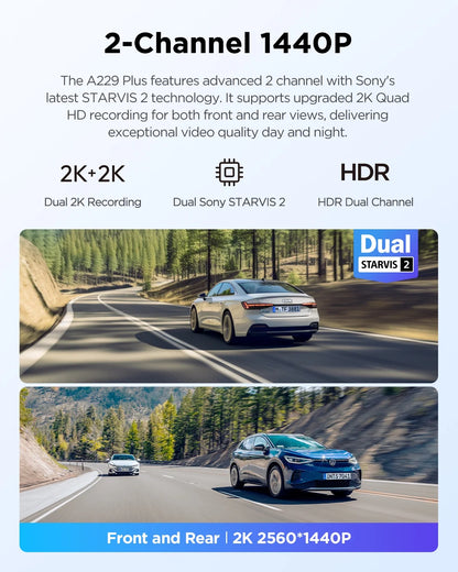 VIOFO A229 Plus Dash Cam with Dual STARVIS 2 Sensors, 2 Channel HDR, 1440P+1440P Front and Rear, Voice Control Car Dash Camera, 5GHz Wi-Fi, Ultra-Precise GPS, 24 Hours Parking Mode, Support 512GB Max