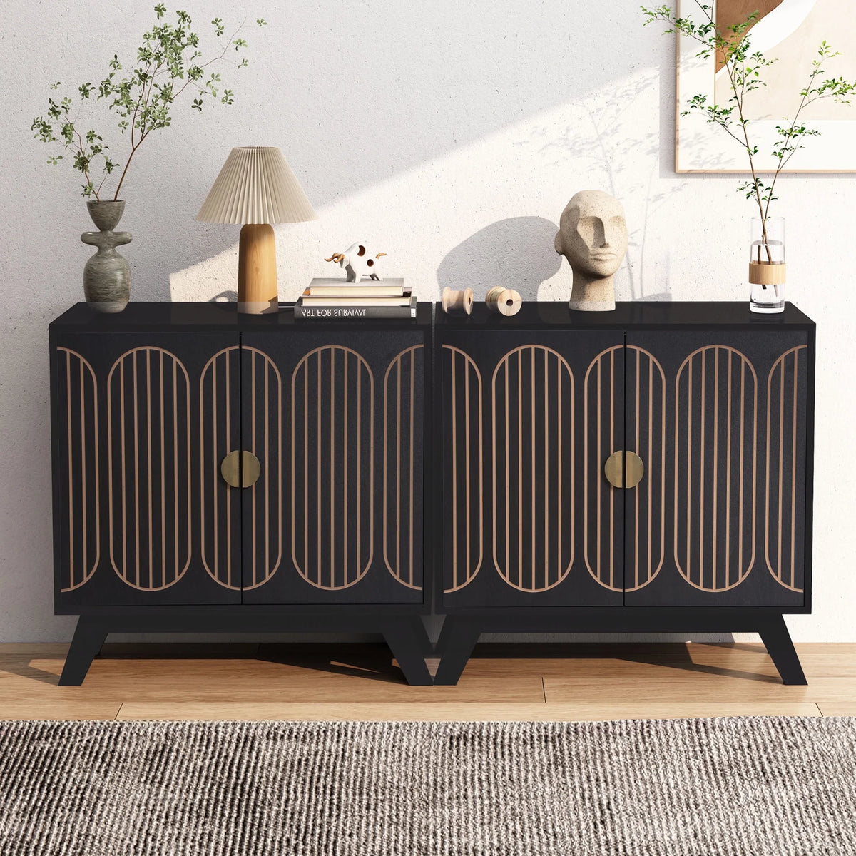 LEFHDA 2PCS Buffet Cabinet, Sideboard Cabinet with Storage, Accent Storage Cabinet with Carved Arc Door Design for Kitchen Dining Room, 2 Doors Buffet Cabinet with Adjustable Shelves