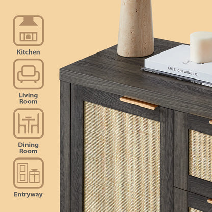 ARKANTOS Sideboards and Buffets, Boho Storage Cabinets with Rattan Doors and Drawers, Natural Oak