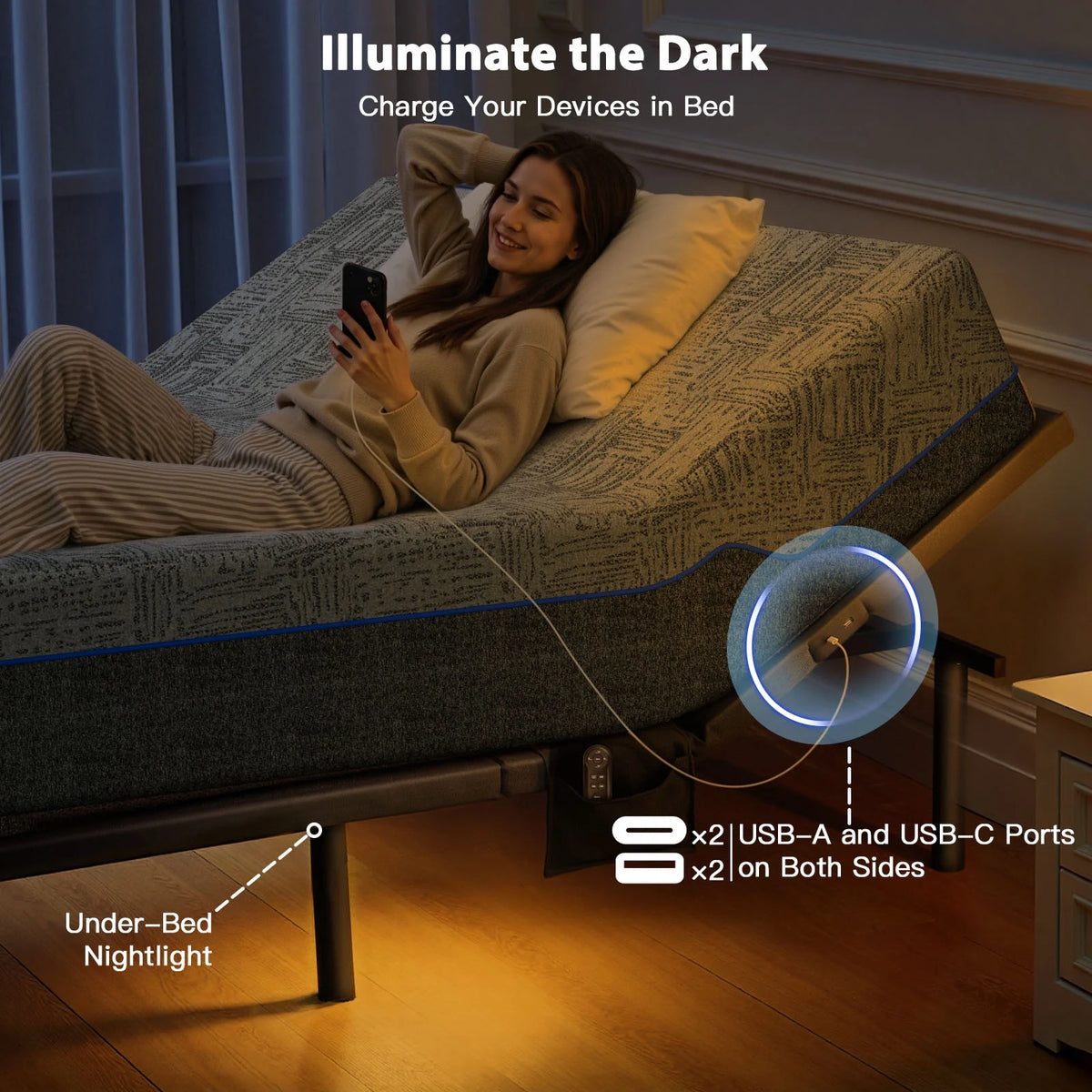 CHITOOMA Electric Adjustable Bed Frame Queen with Massage (4 Modes & 3 Intensities), Wireless Remote, Zero Gravity, 4 USB Ports, Under-Bed Nightlight, 3 Minutes Fast Assembly