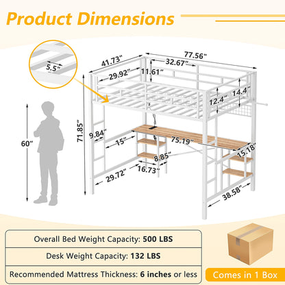 Twin Loft Bed with Desk, UHOMEPRO Metal Loft Bed with LED Lights, Charge Station, DIY Mesh, Clothes Rail, 4 Storage Shelves, Safety Rails and 2 Ladders, Loft Bed for Teen Adult, Black