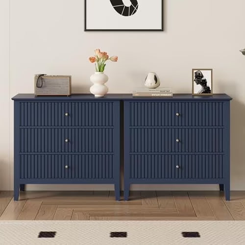 Heynemo Beige 6 Drawer Dresser, Fluted Modern Wood Chest