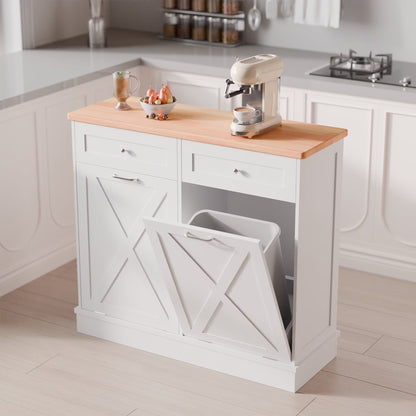 Tolead Double Tilt Out Trash Cabinet, Wooden Free Standing Laundry Sorter Cabinet, with Hideaway Drawer, White