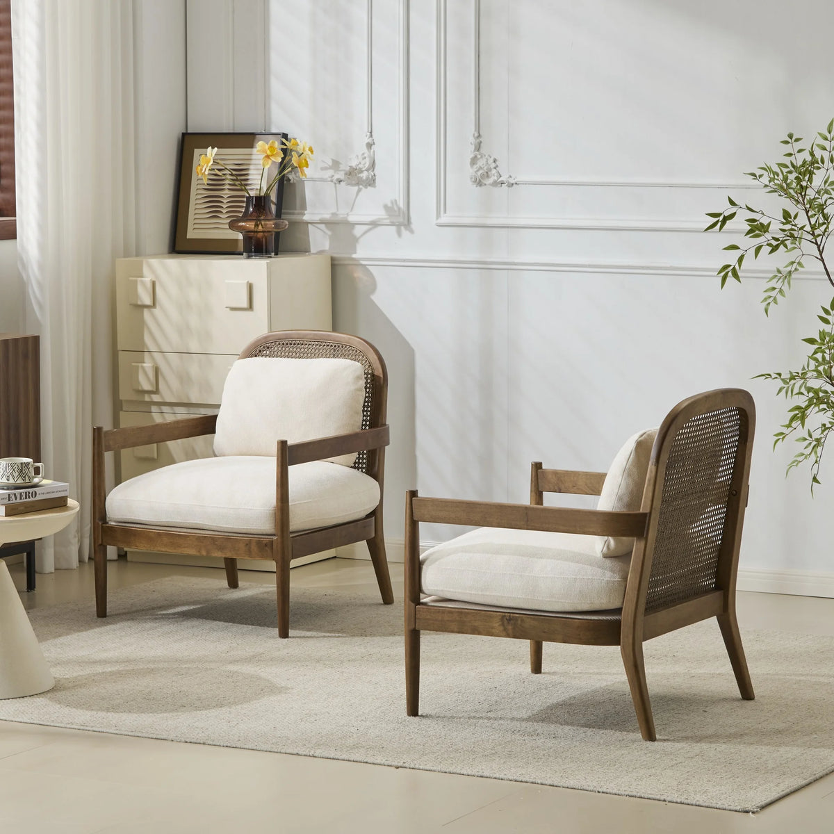 Christopher Knight Home [Set of 2] Mid-Century Modern Accent Chairs with Light Brown Solid Wood Frame, Rattan Backrest with Cushion �C Comfortable Armchairs Light Brown
