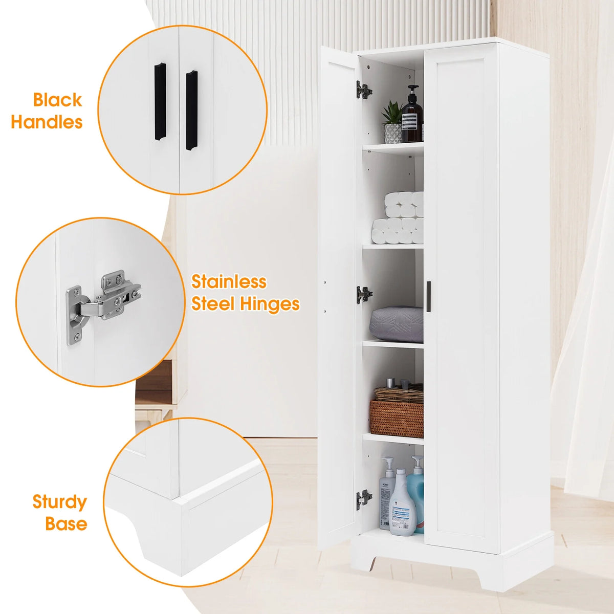 22'' Double Door Storage Cabinet with Adjustable Shelves, High Quality Bathroom Cabinet with  MDF Material, for Living room, Bathroom, Black