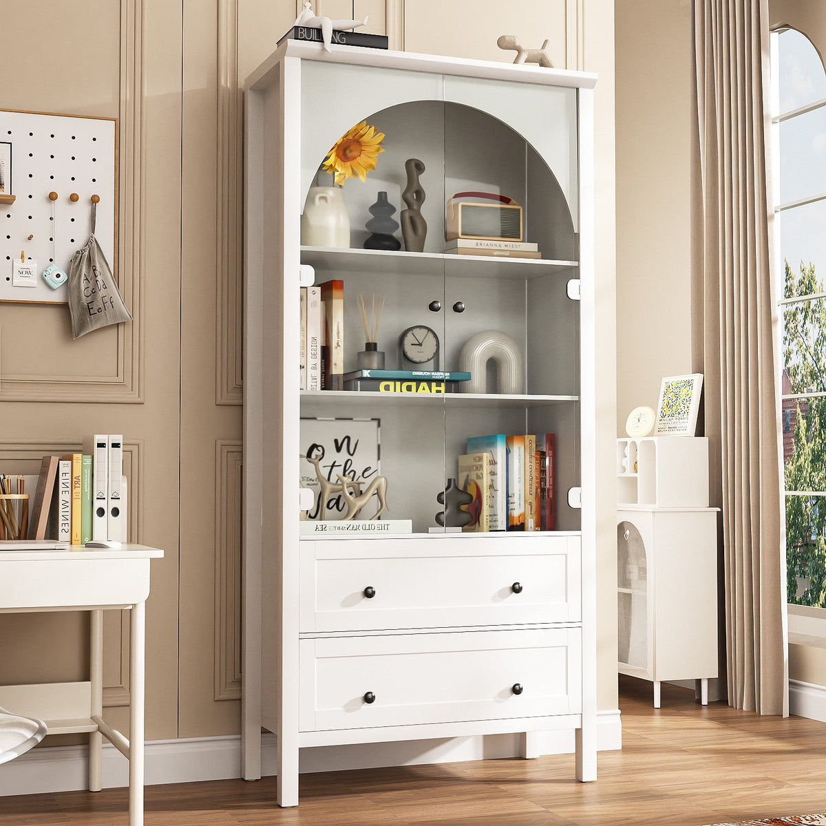 Arched Bookcase, Oak Arched Cabinet with Drawers, 71" Tall China Curio Cabinet, Display Cases for Collectibles, Vintage Bookshelf for Ding Room, Bedroom, Living Room