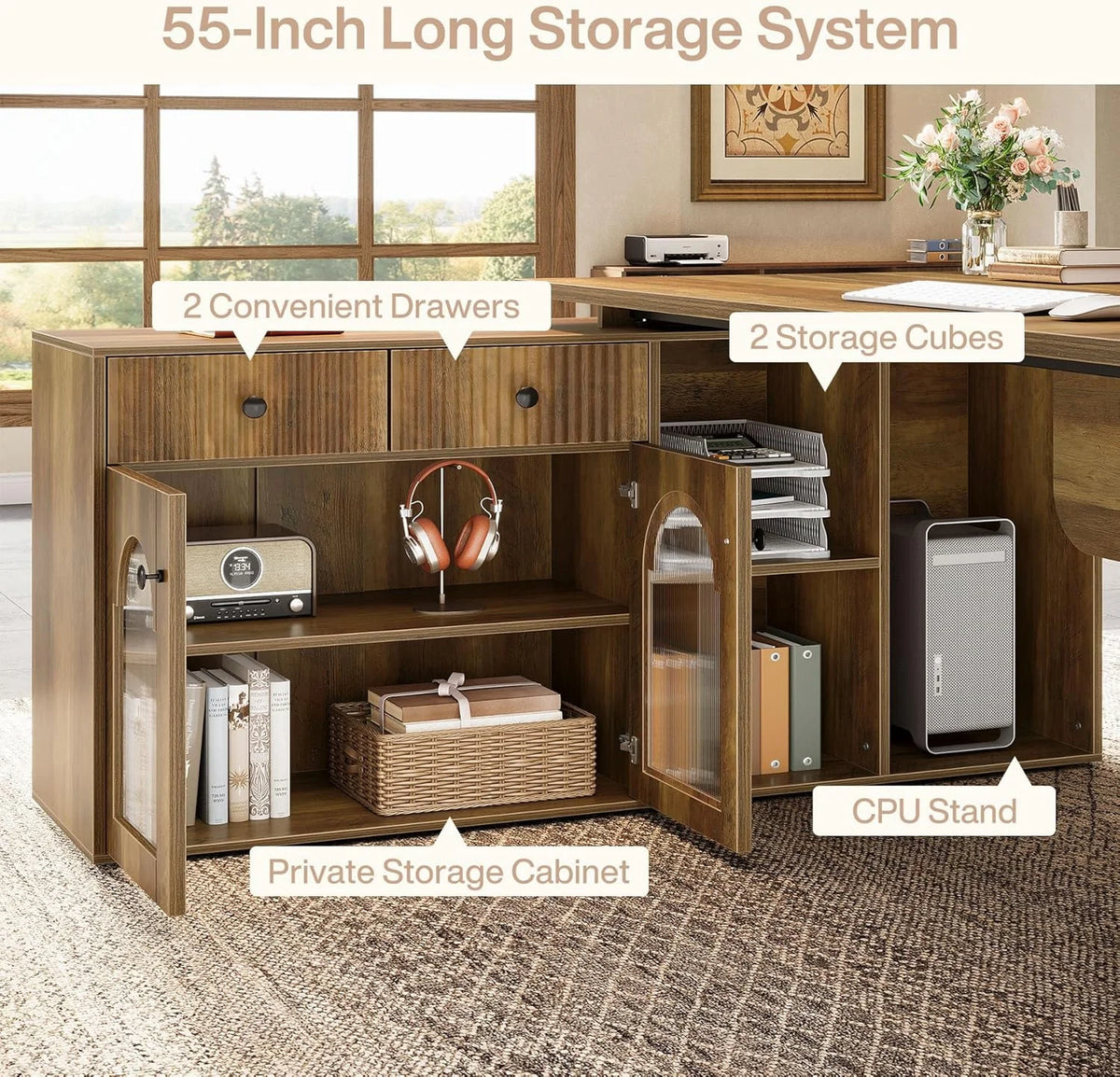 Tribesigns L Shaped Desk, 71-Inch Executive Office Desk with File Cabinet, Farmhouse Large Computer Desk with Drawers, Rustic Brown