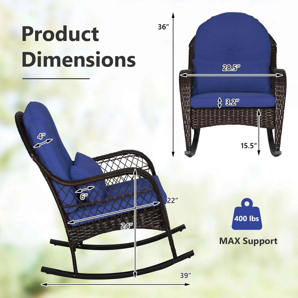 Costway Patio Wicker Rocking Chair W/Seat Back Cushions & Lumbar Pillow Porch Off White