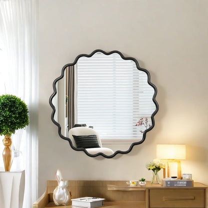 Solid Wood Wavy Frame Modern Mirror - 40x28 Inches Durable Farmhouse Wall Decor for Bathroom, Living Room & Entryway with Easy Install