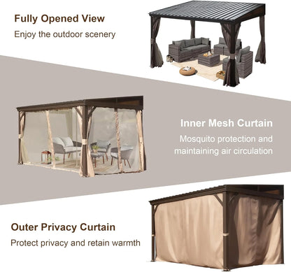 TOTAL Outdoor 10'x12' All-Season Sunroom Gazebo with Steel Roof, PVC Screen, Front & Side Door, Brown