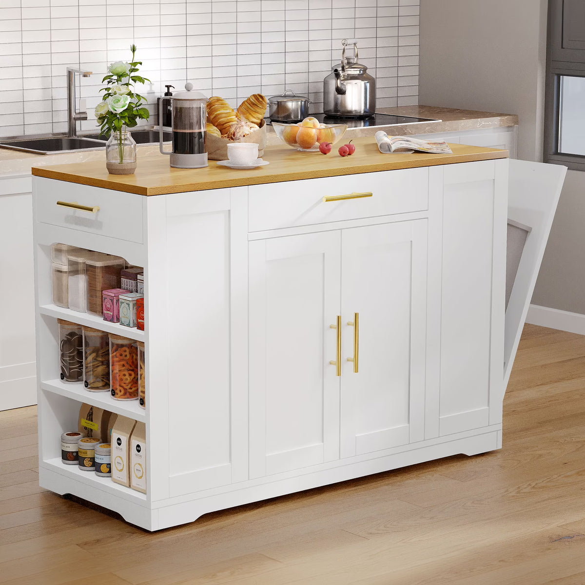 DWVO Kitchen Storage Cart with Trash Can Storage Cabinet, Rolling Kitchen Island with Wheels and Drawers for 13-Gallon Trash Bin, Gray