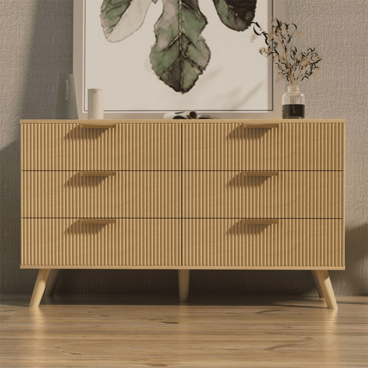 Planntonneo Boho Fluted 6 Drawer Dresser, Wooden Chests for Bedroom