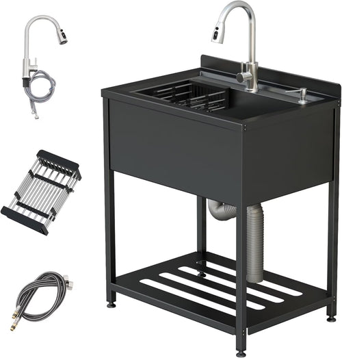Stainless Steel Utility Sink, 30.8" × 22" × 39.5"Freestanding Sink with Cold and Hot Water Faucet,Hoses and Drain Kit for Kitchens, Bathrooms, Garage, Laundry Room