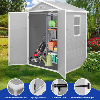 Outdoor Shed & Storage, Seizeen All-Weather Plastic Sheds 82'' H, Sloped Top Garden Shed with Window, Heavy-Duty Resin Outdoor Storage W/Floor, Gray